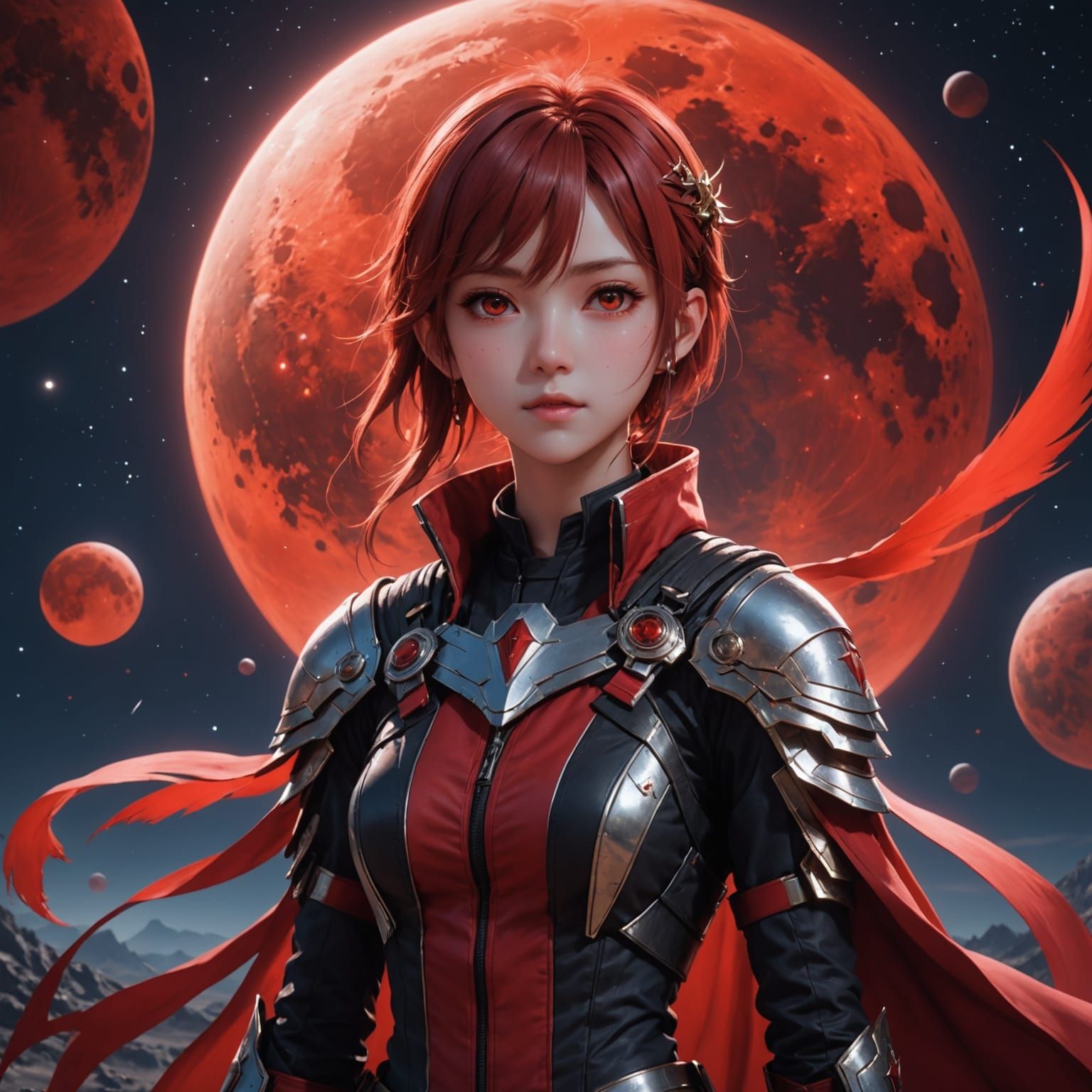 Anime Girl Reaching for Stars on Red Moon