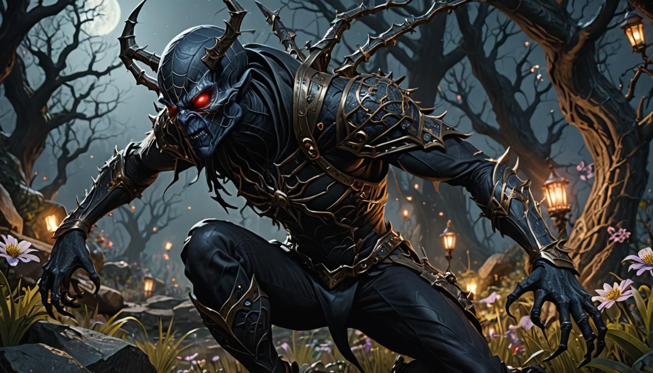 Detailed Dark Elf Spider Hybrid Hunting at Night