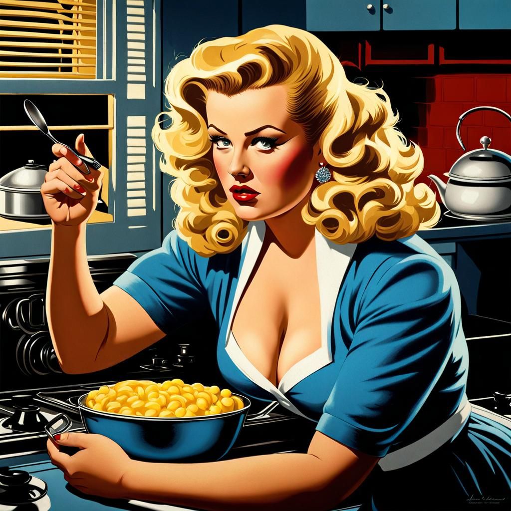 Curvy Pinup in 1950s Kitchen with Moody Colors