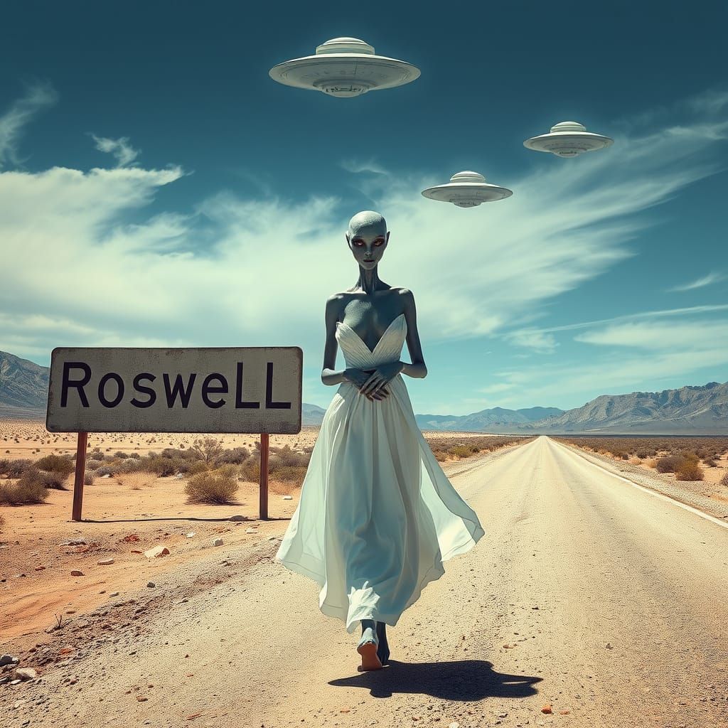 Woman and Alien near Roswell in Hyperrealistic Style