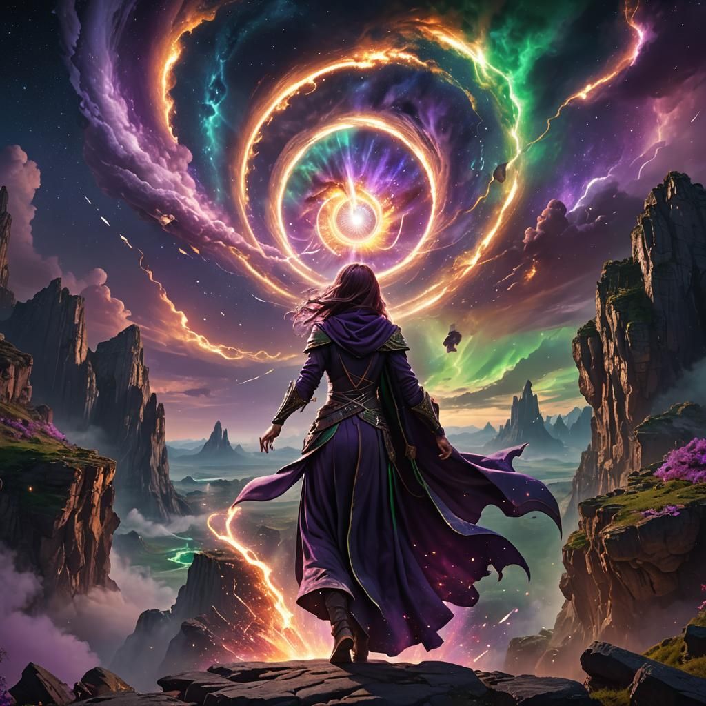 Sorceress and Galaxy Portal in Eerie Fantasy Landscape