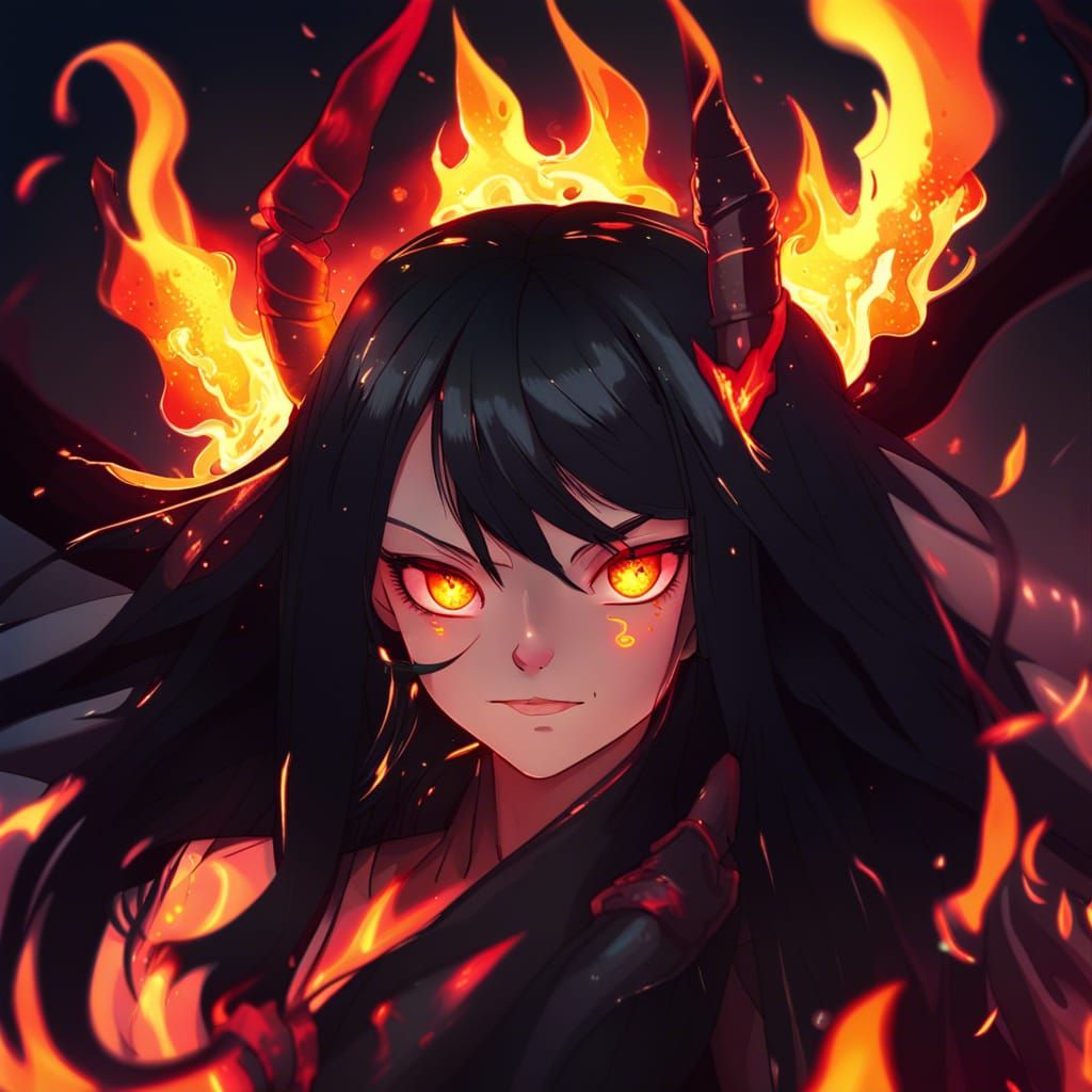 Anime Demon Girl with Fiery Background