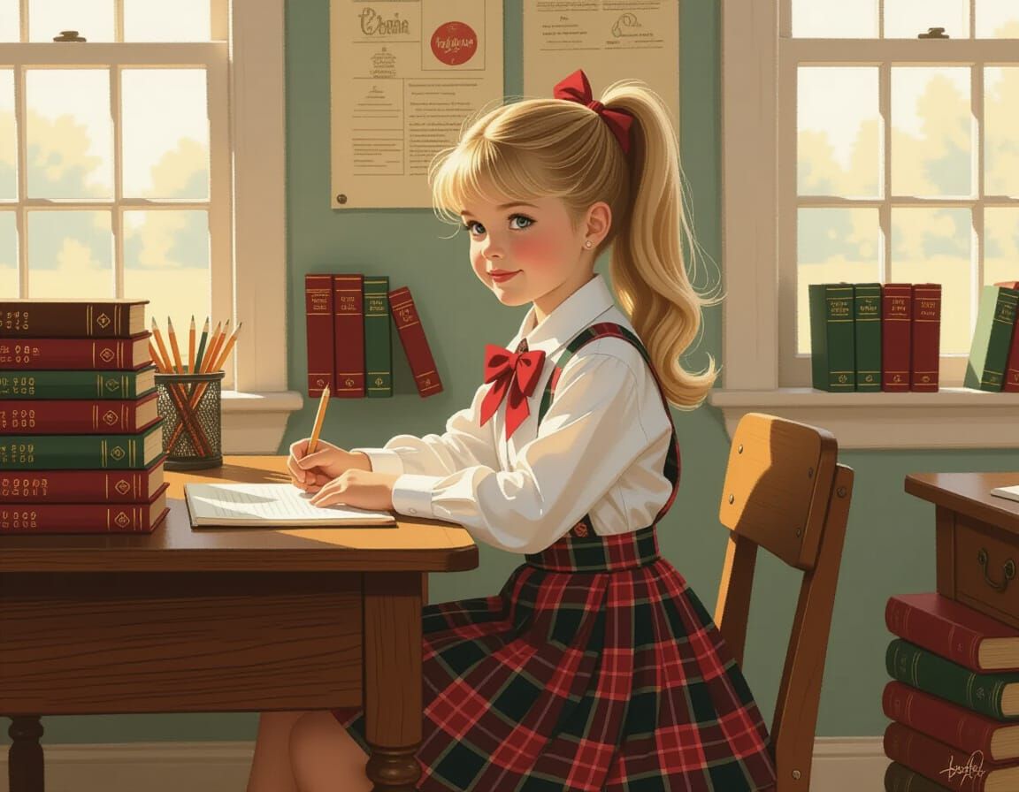 Vintage Schoolgirl in Nostalgic Pin-Up Style