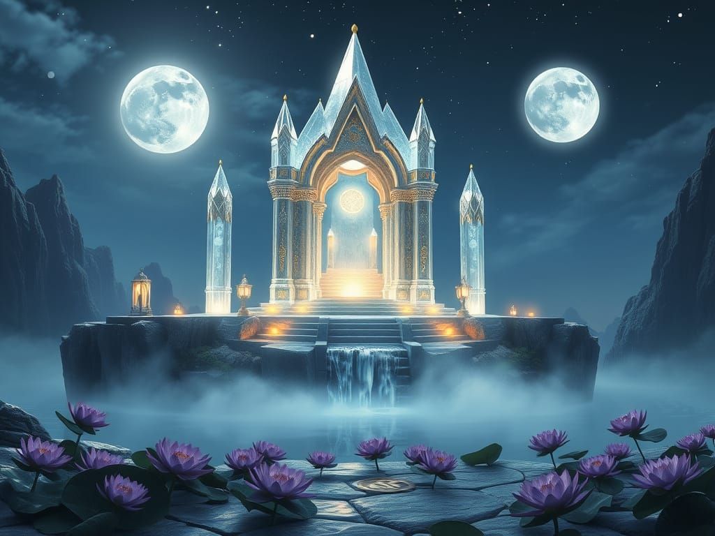 Moonlit Crystal Temple Above Lake