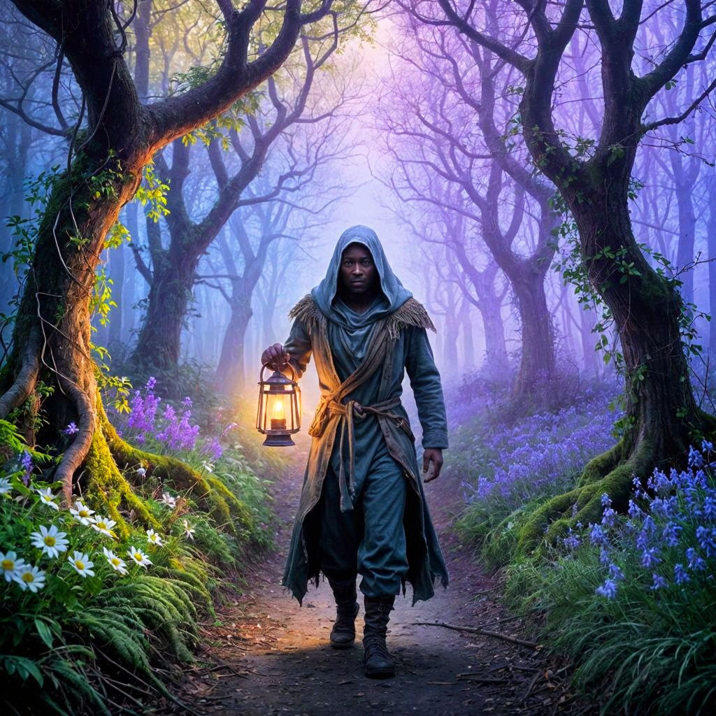 Mysterious Traveller in Foggy Forest with Lantern