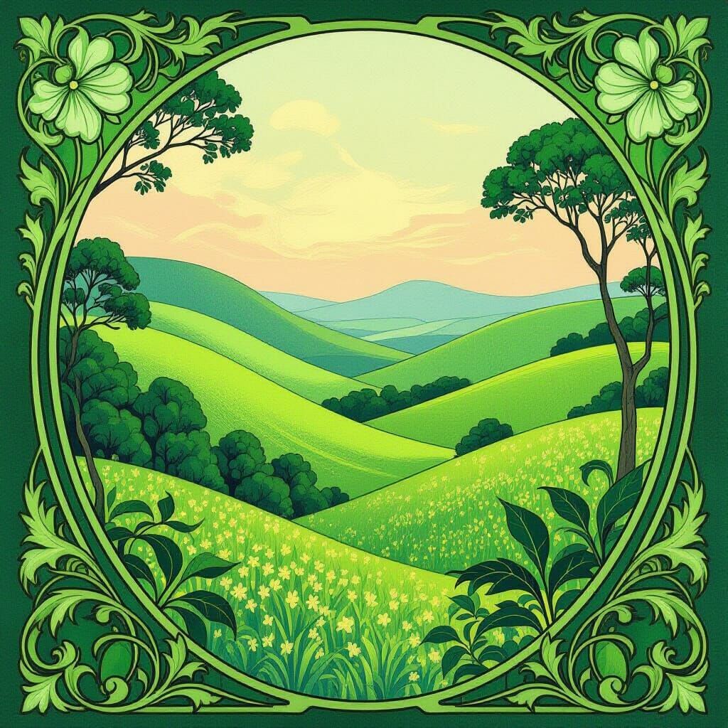 Art Nouveau Vibrant Green Landscape with Flowing Lines