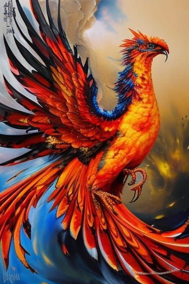 Detailed Fire Phoenix Bird in Gouache Illustration