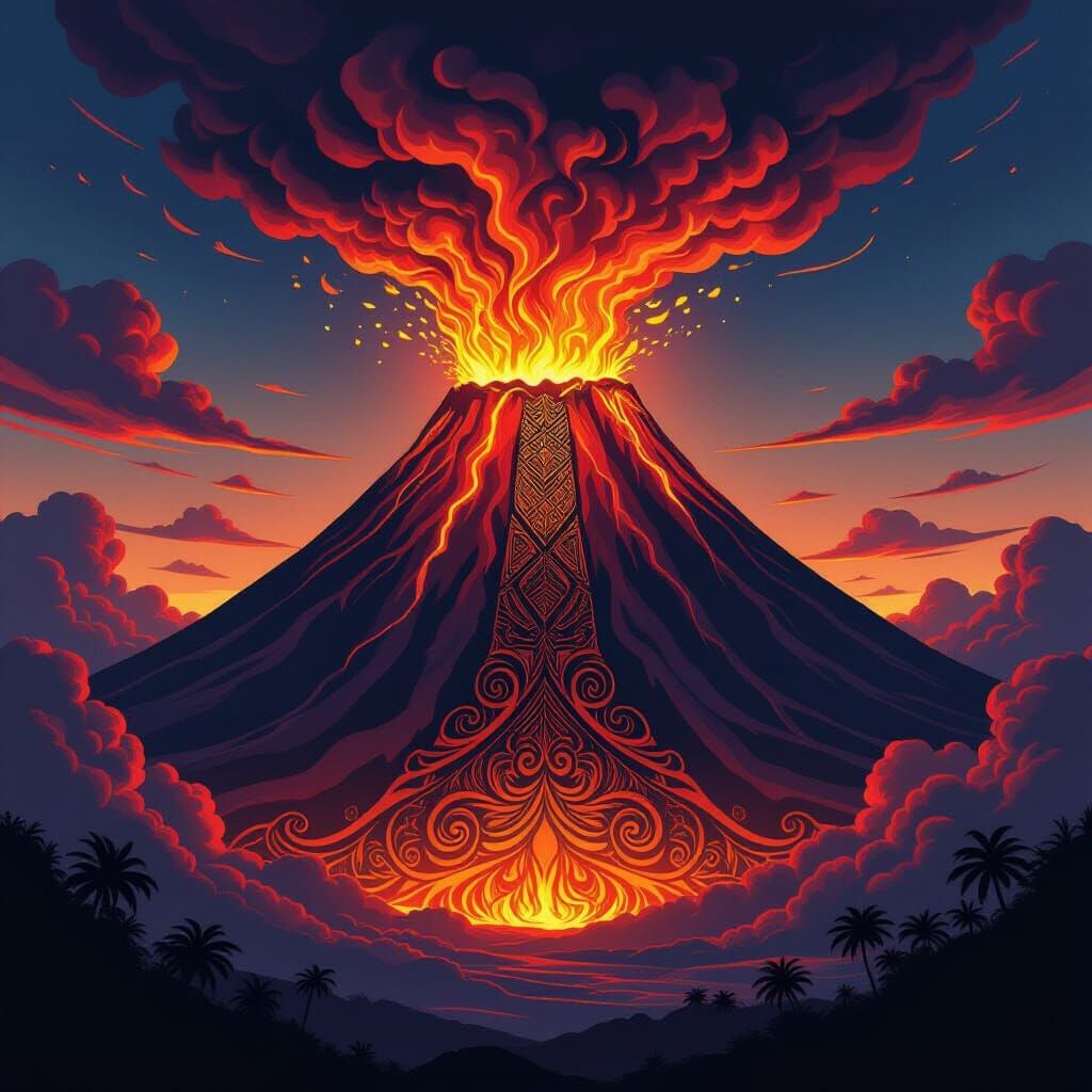 Polynesian Tattoo Volcano with Fiery Eruption Motifs