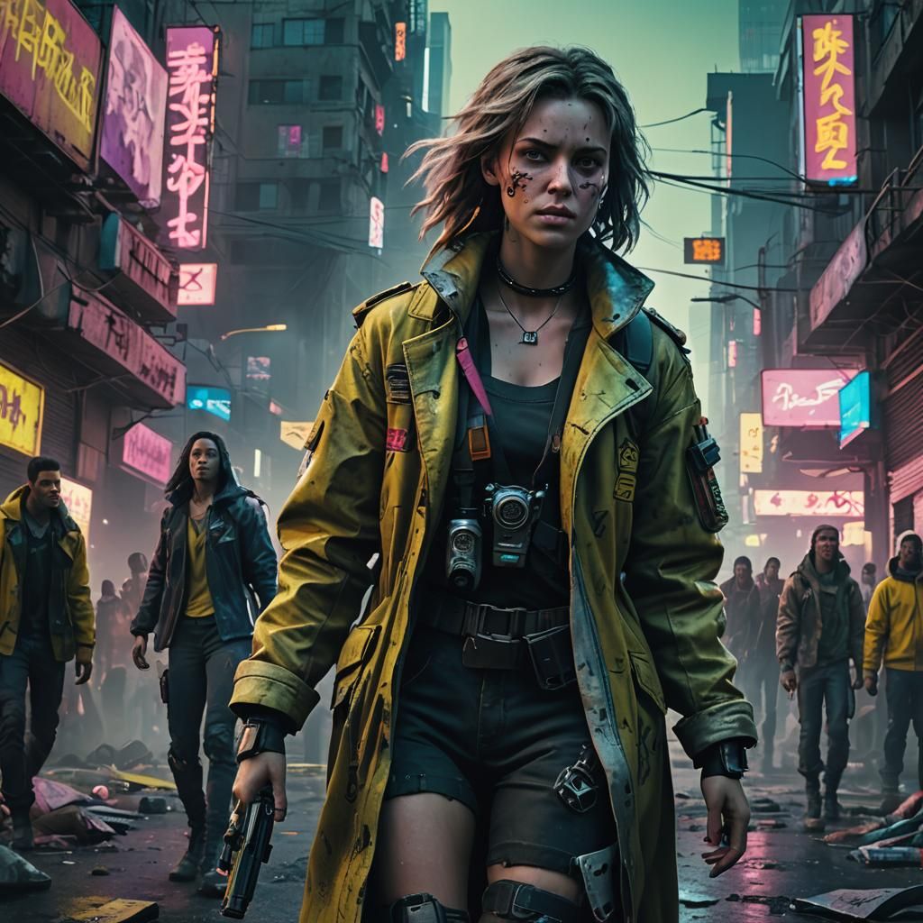 Cyberpunk Liberty: Woman Leads in Ruined Cityscape