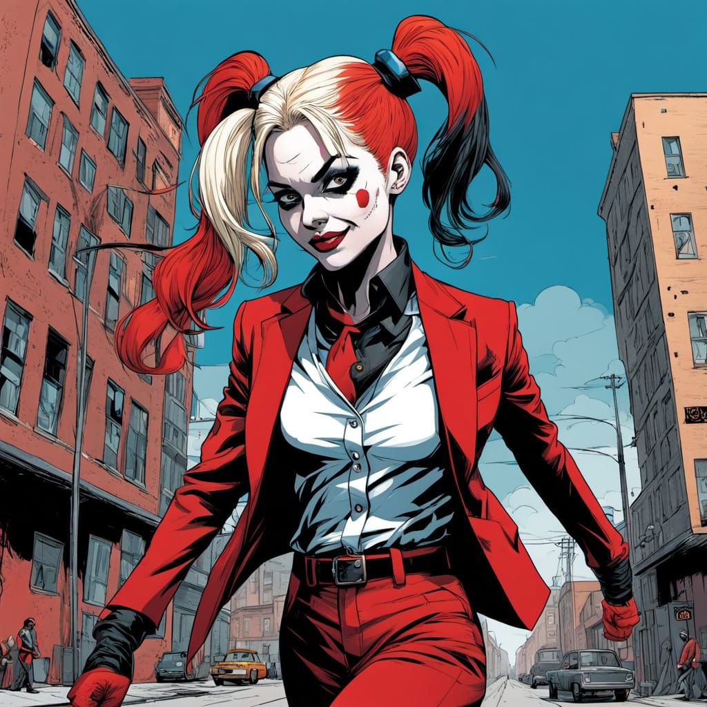 Harley Quinn Comic Art in Striking Red, White, and Black