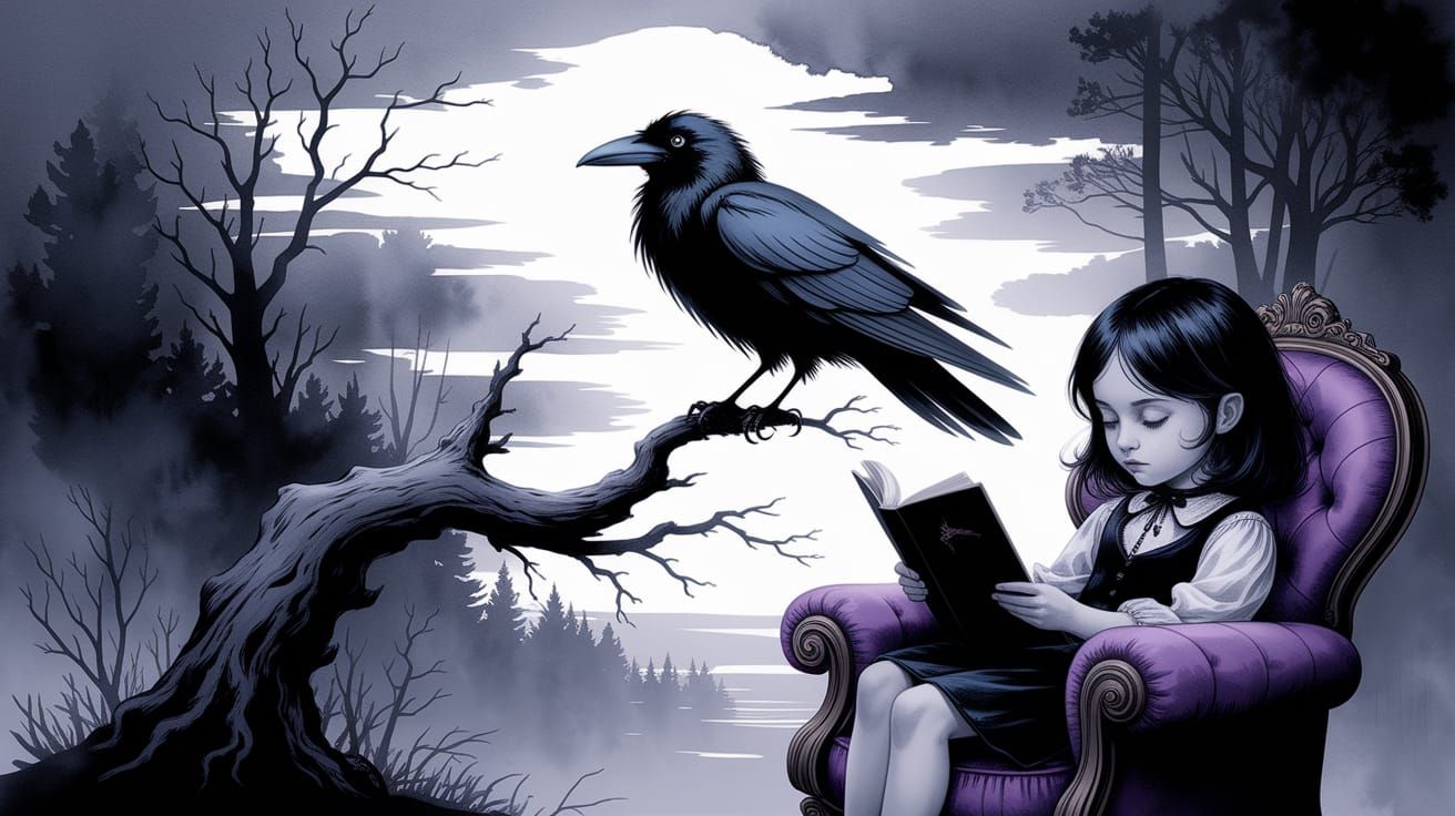 Whimsical Goth Girl Reading The Raven: Sumi-e Style