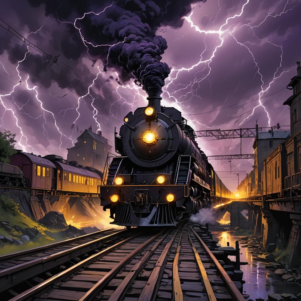 Freight Train Over Bridge in Dark Fantasy Art