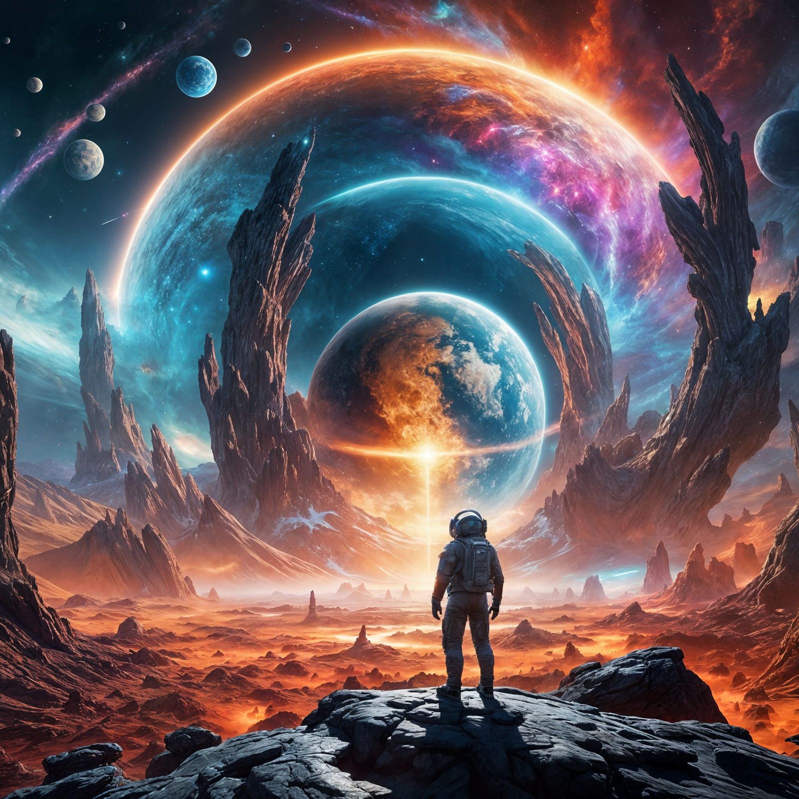 Lone Astronaut Contemplates Cosmic Wonders in Dazzling Sci-F...