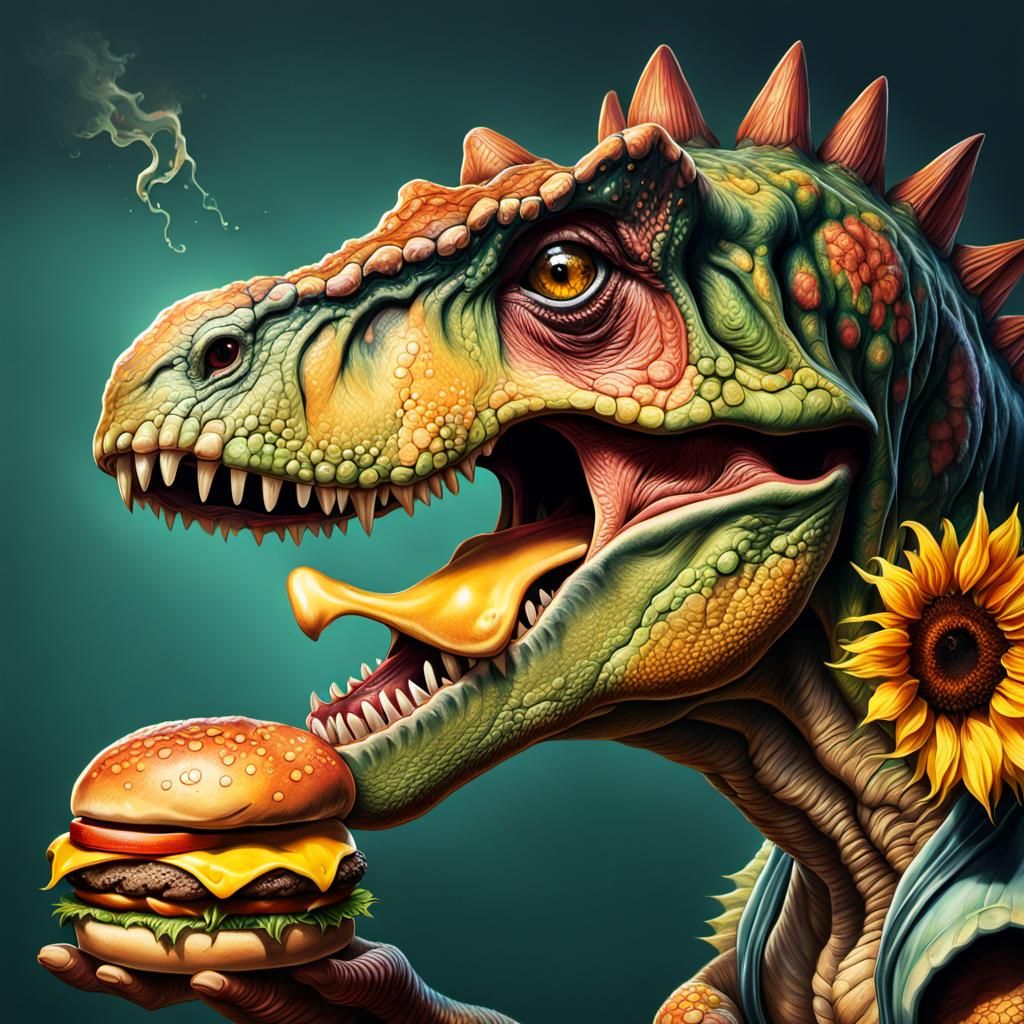 Dinosaur Burger with Sunflower Tattoo: Hyperrealistic Splash...