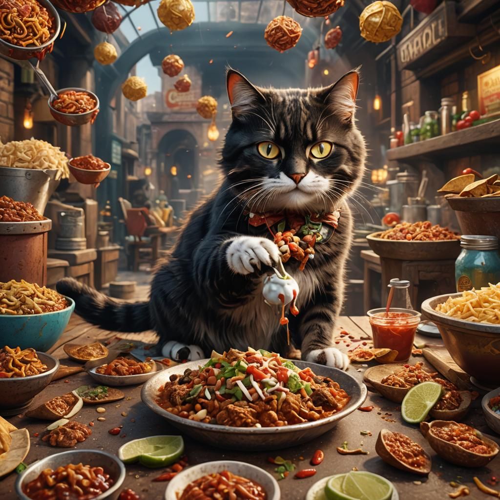 Cat Eating Chipotle: Detailed Fantasy Art