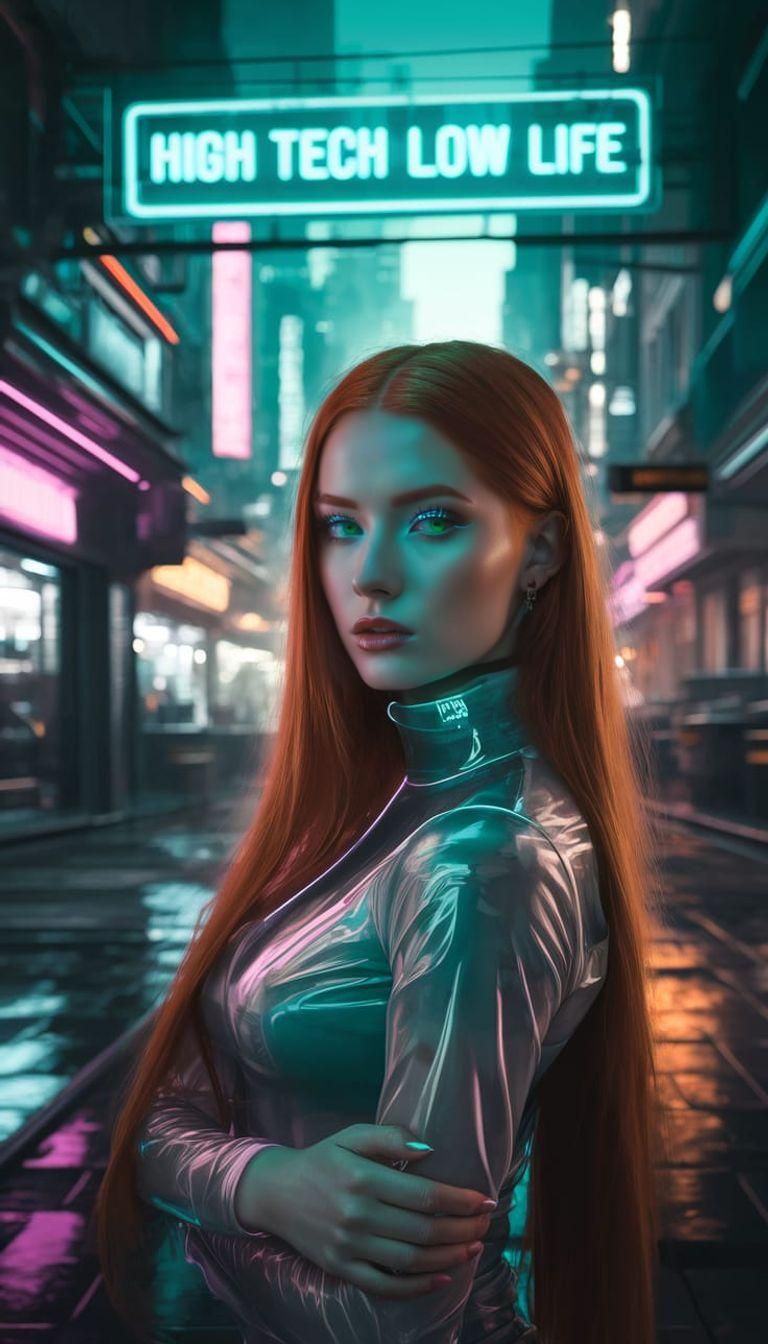 Cyberpunk Girl in Neon Cityscape Photography
