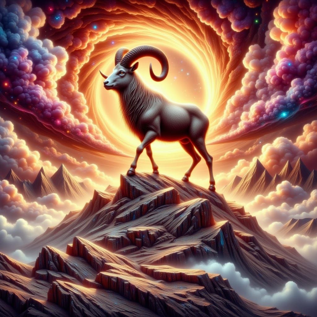 Mystical Aries Ram Stands on Rocky Peak in Fiery Dreamlike L...