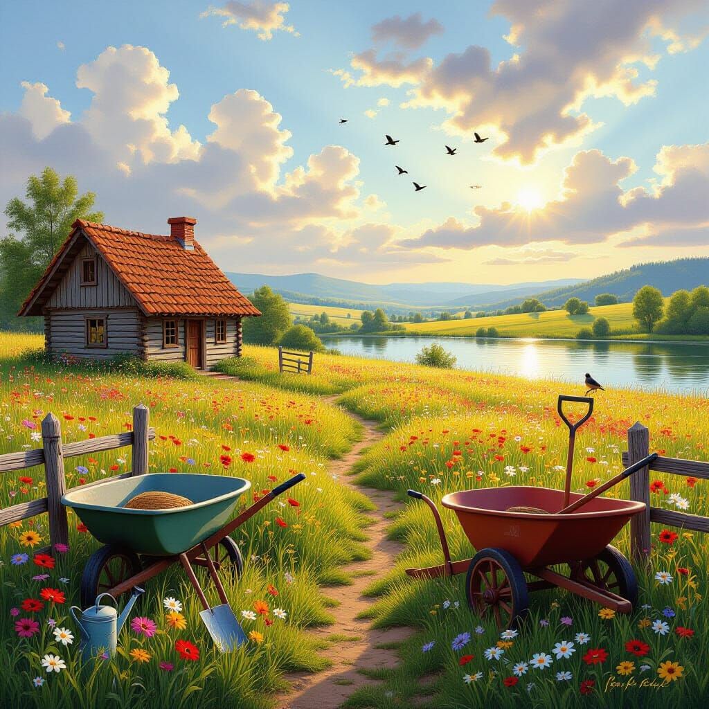 Hyper-Realistic Meadow with Cottage and Lake
