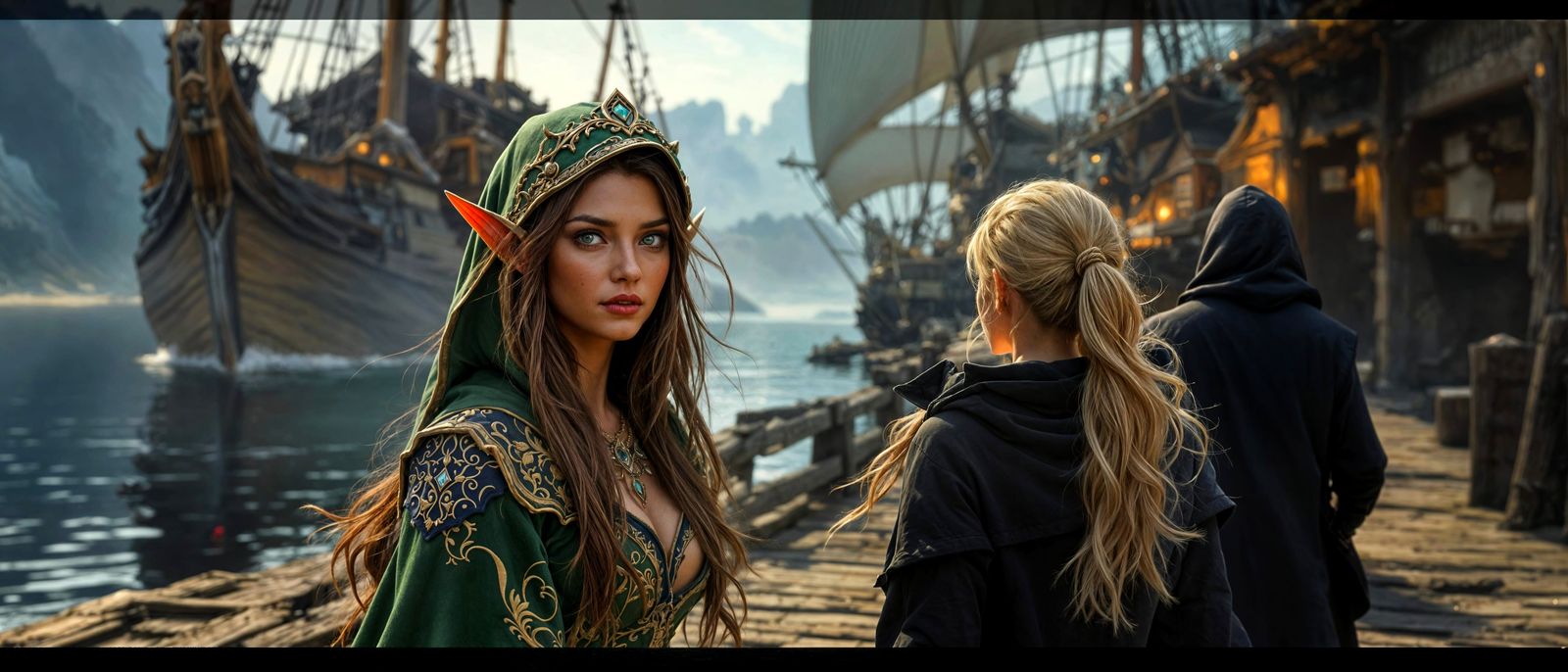 Elven Woodlands Enchantress Mingles with a Human Companion a...