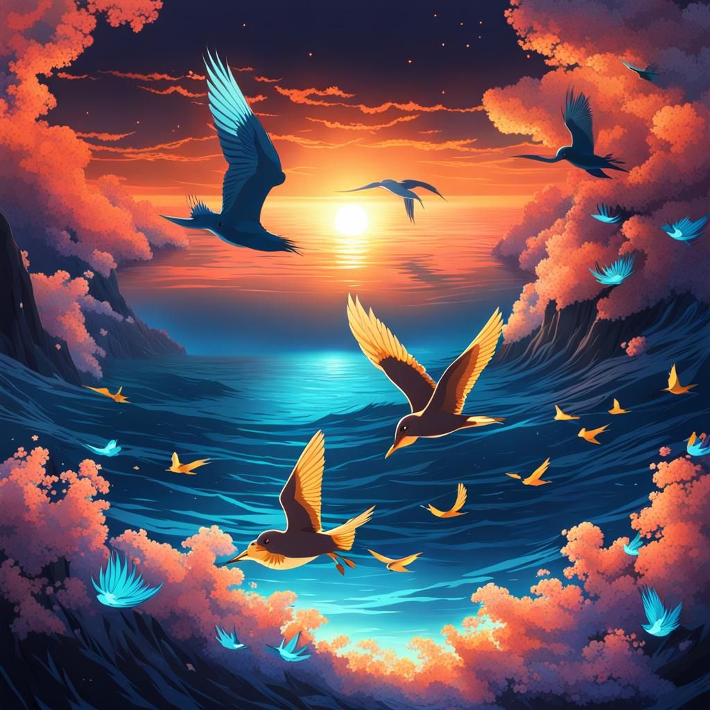 Anime Birds Flying Over Glowing Ocean