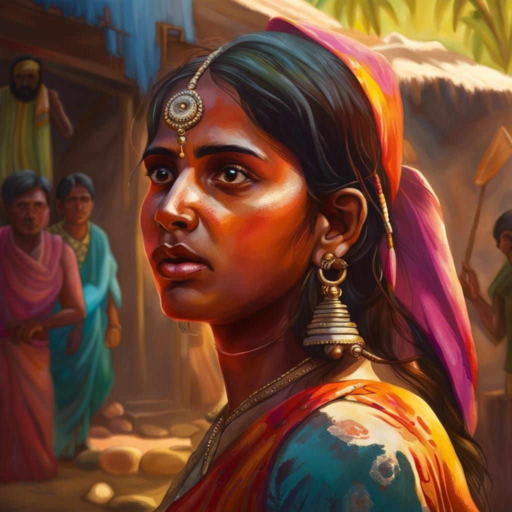 Indian Village Portrait in Hyperrealistic Splash Art