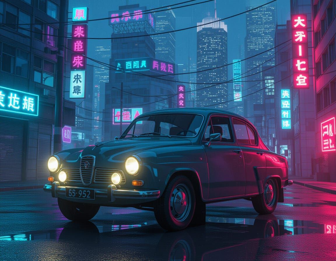 Saab 96 in Cyberpunk Cityscape