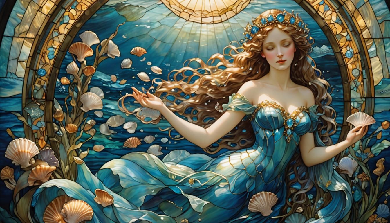 Ethereal Sea Nymph in Stained Glass Style