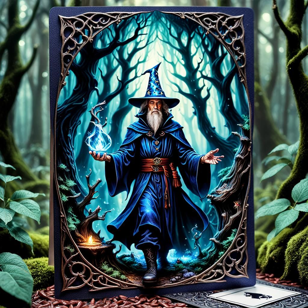 A card depicting a sorcerer surrounded by an enchanted fores...