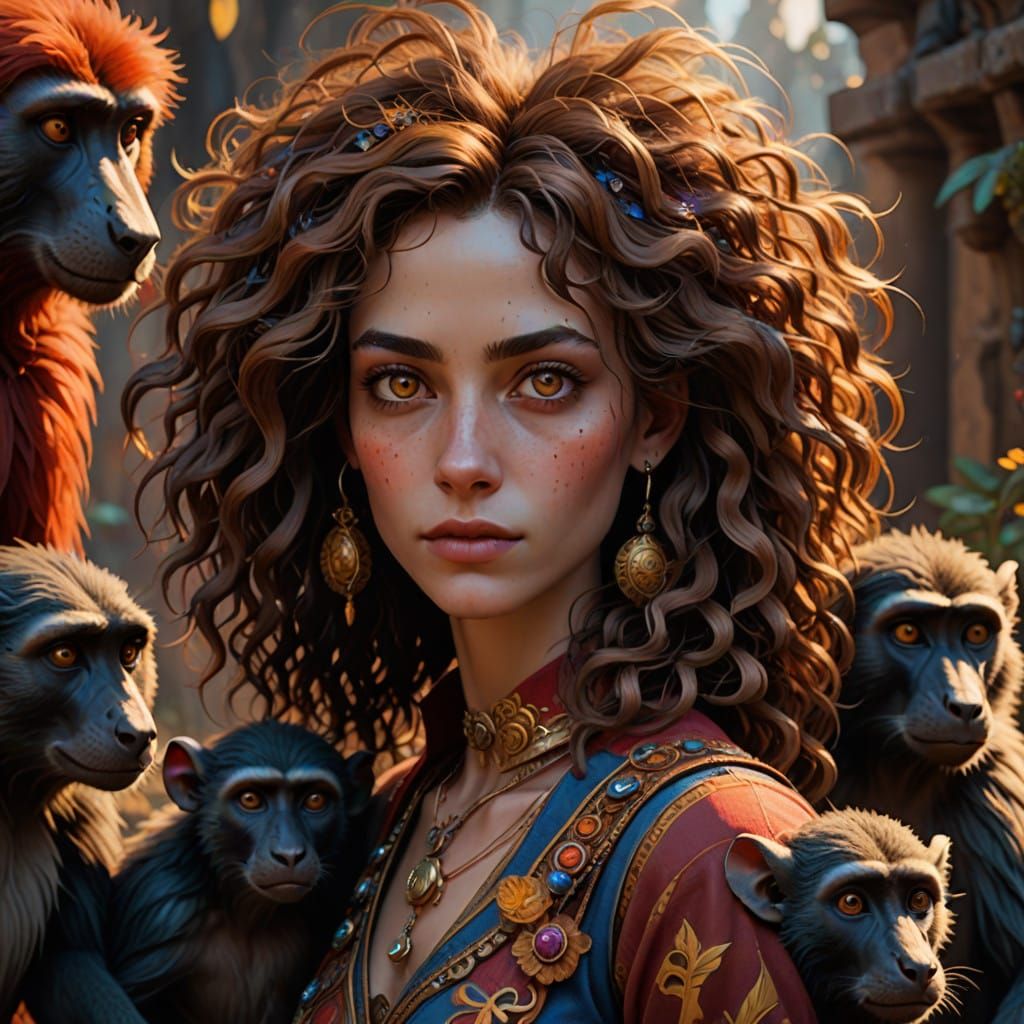 Surreal Portrait of Whimsical Girl with Baboons in Vibrant H...