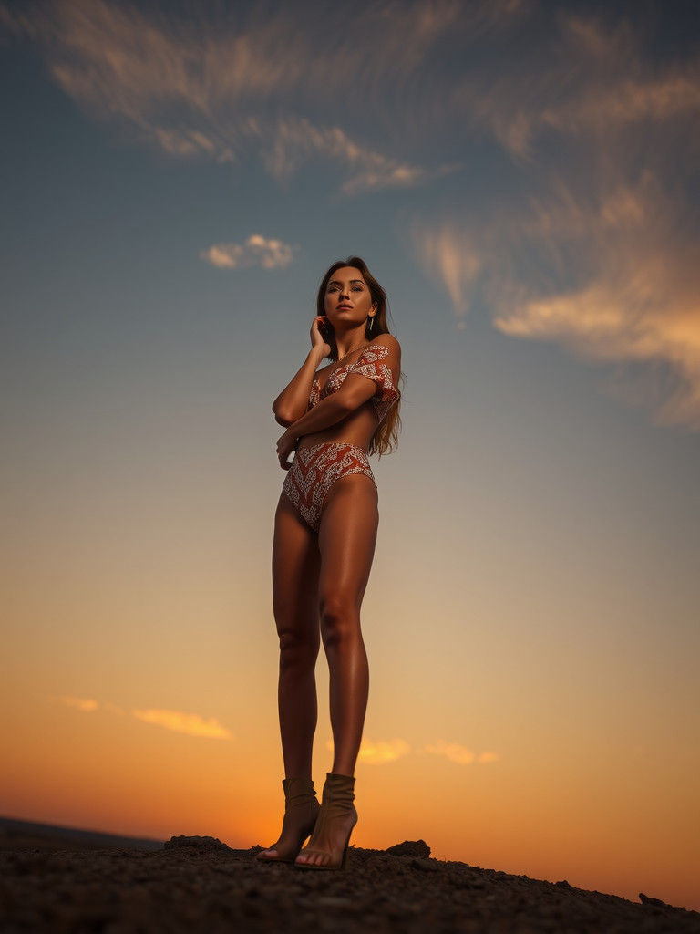 High-Legged Model at Sunset