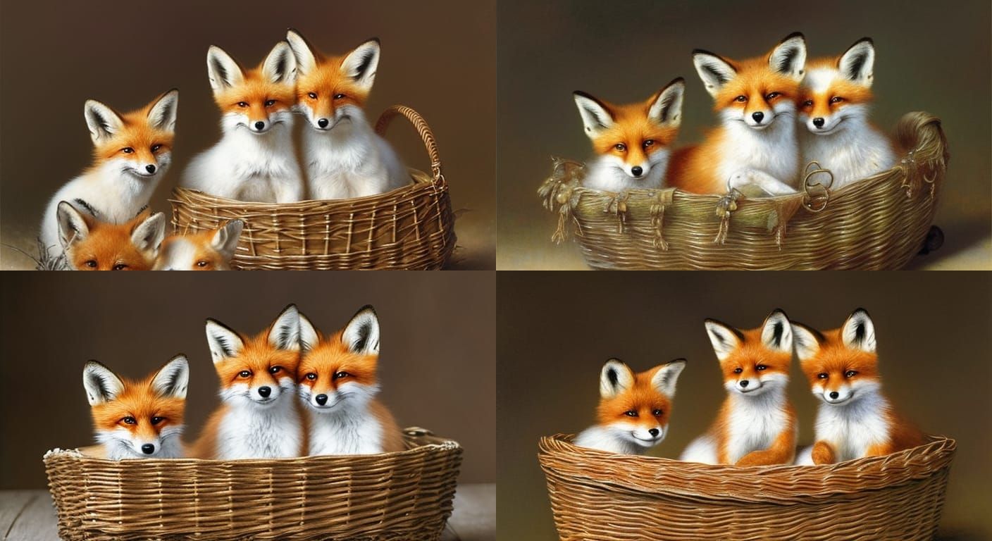 Fox Cubs in Basket, Fairytale Illustration
