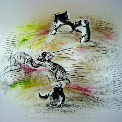 Dynamic Ink Drawing of Dog and Cat Fight
