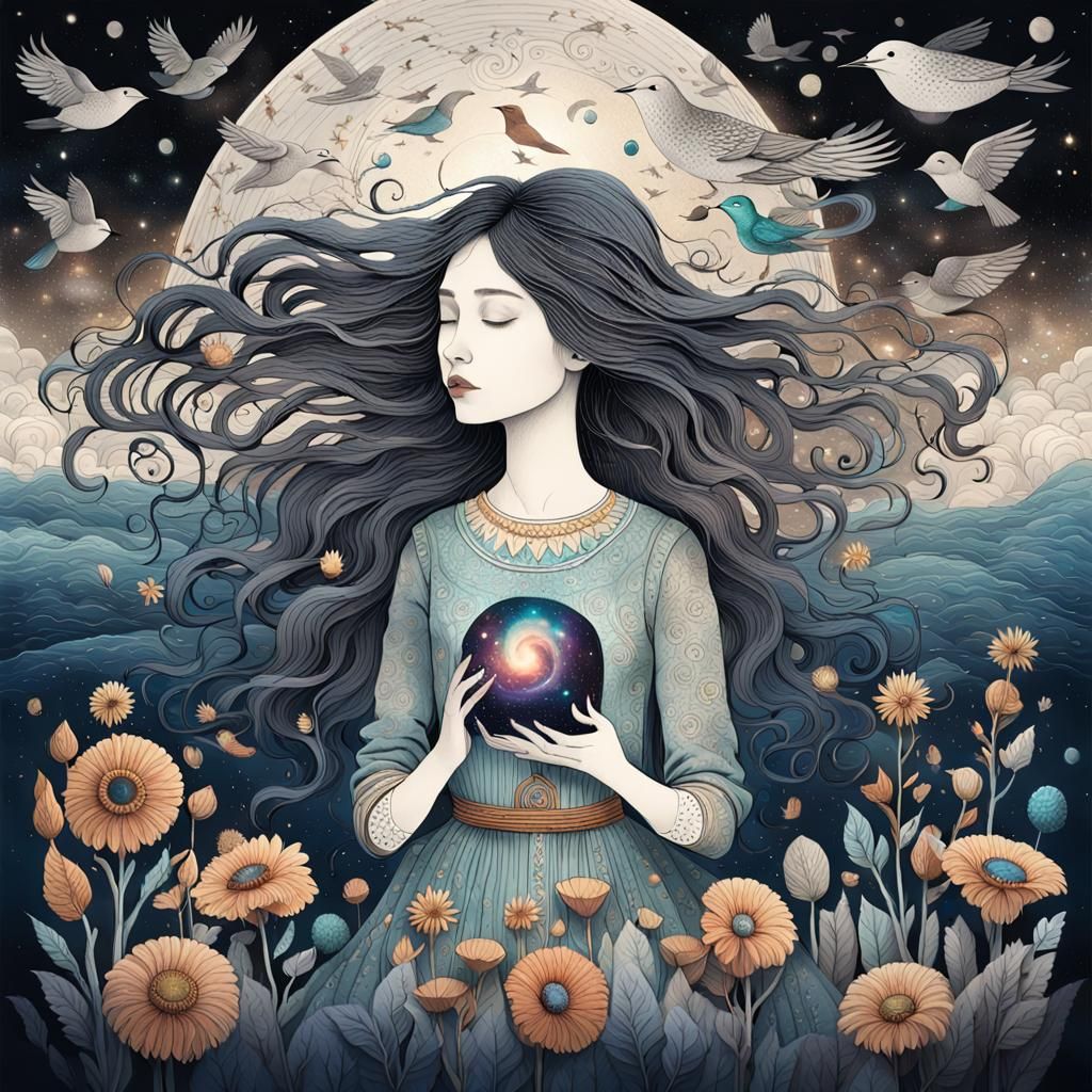 Woman Holding Galaxy in Surreal Watercolor Universe