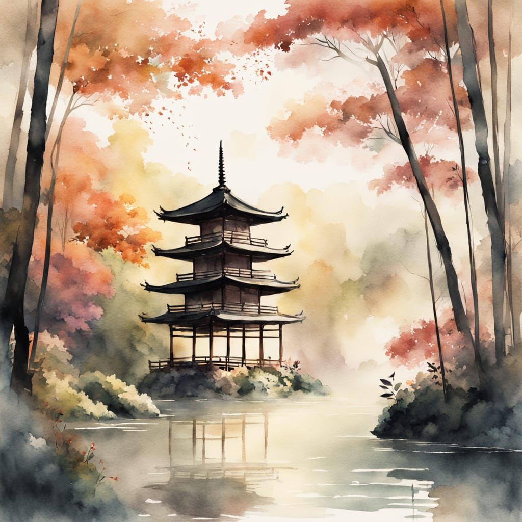 Serene Pagoda in a Bamboo Forest Watercolour Masterpiece