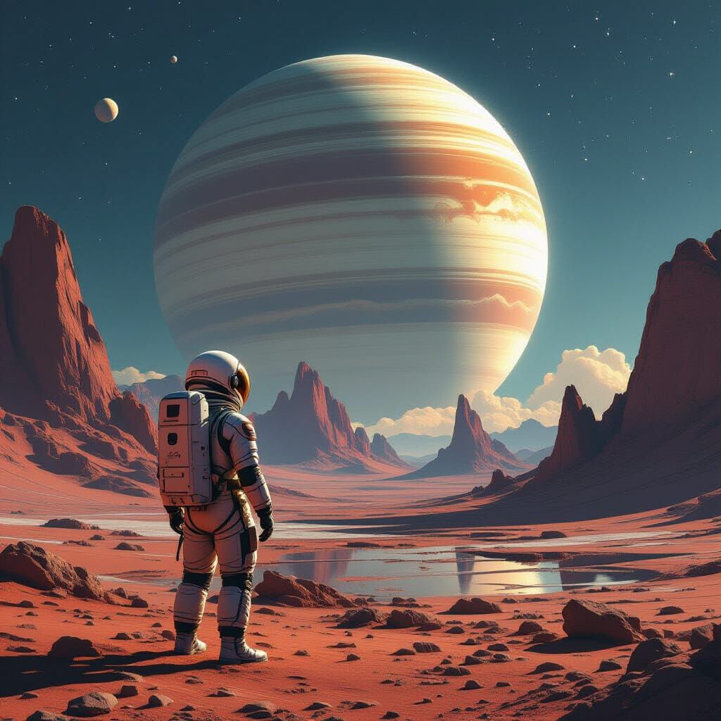 Astronaut on Alien Planet Gazing at Gas Giant