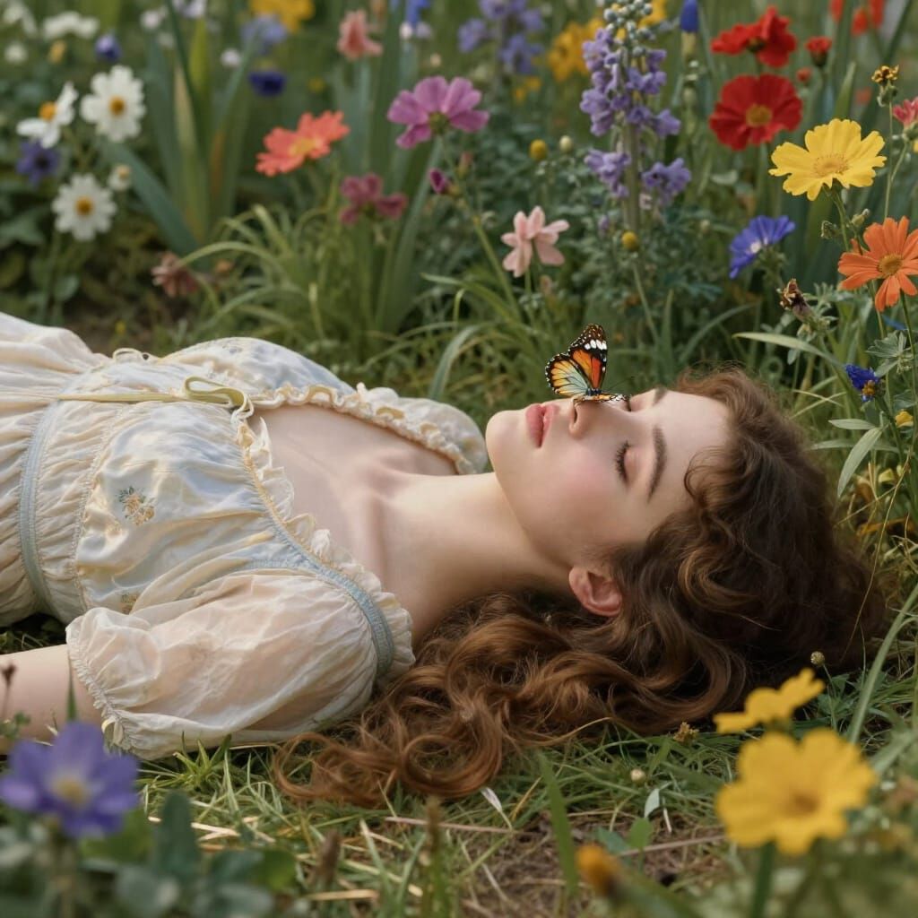 Serene Garden Scene with Butterfly and Peaceful Corpse