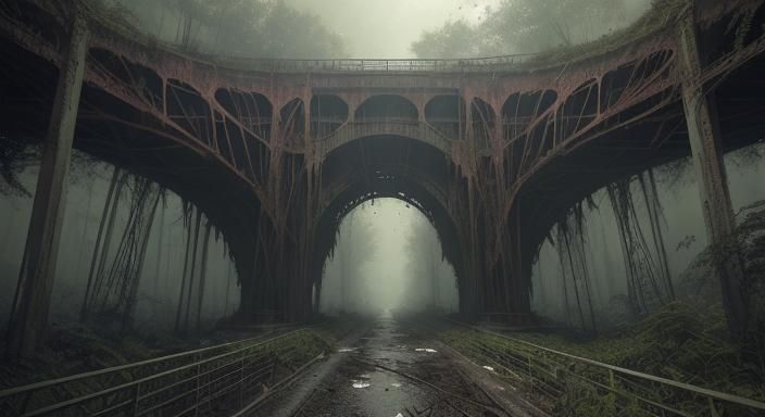 Overgrown Abandoned Bridge in Forest, Gothic Horror Style