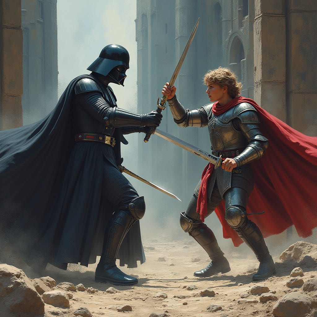 Epic Duel Between Dark Lord and Heroic Knight in a Gothic Ca...