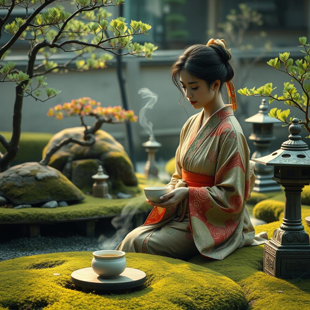 Traditional Japanese Woman Serves Tea in a Serene Zen Garden