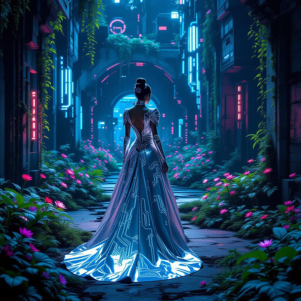 Futuristic Princess in Bioluminescent Ruins