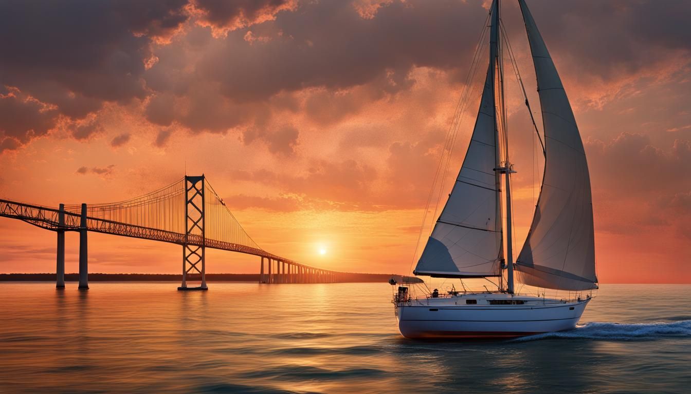 Sailboat at Sunset at the 5-mile Maryland Chesapeake Bay Bridge