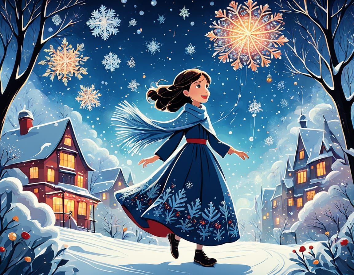Whimsical Snowflakes Dance in a Festive Cartoon Sky