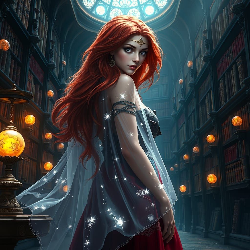 Mysterious Red-Haired Sorceress in a Grand Library