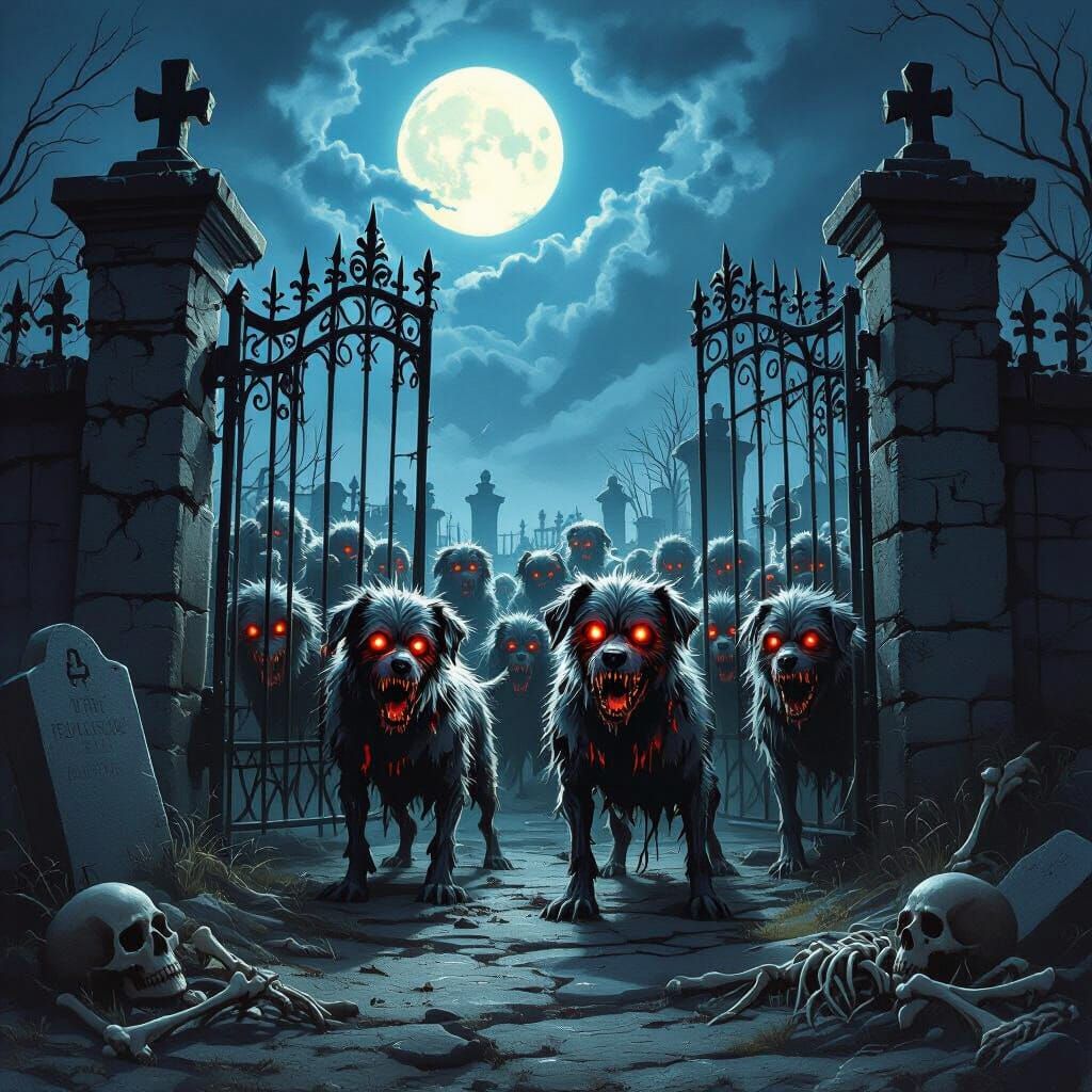 Zombie Dogs Guard Cemetery Gate at Midnight