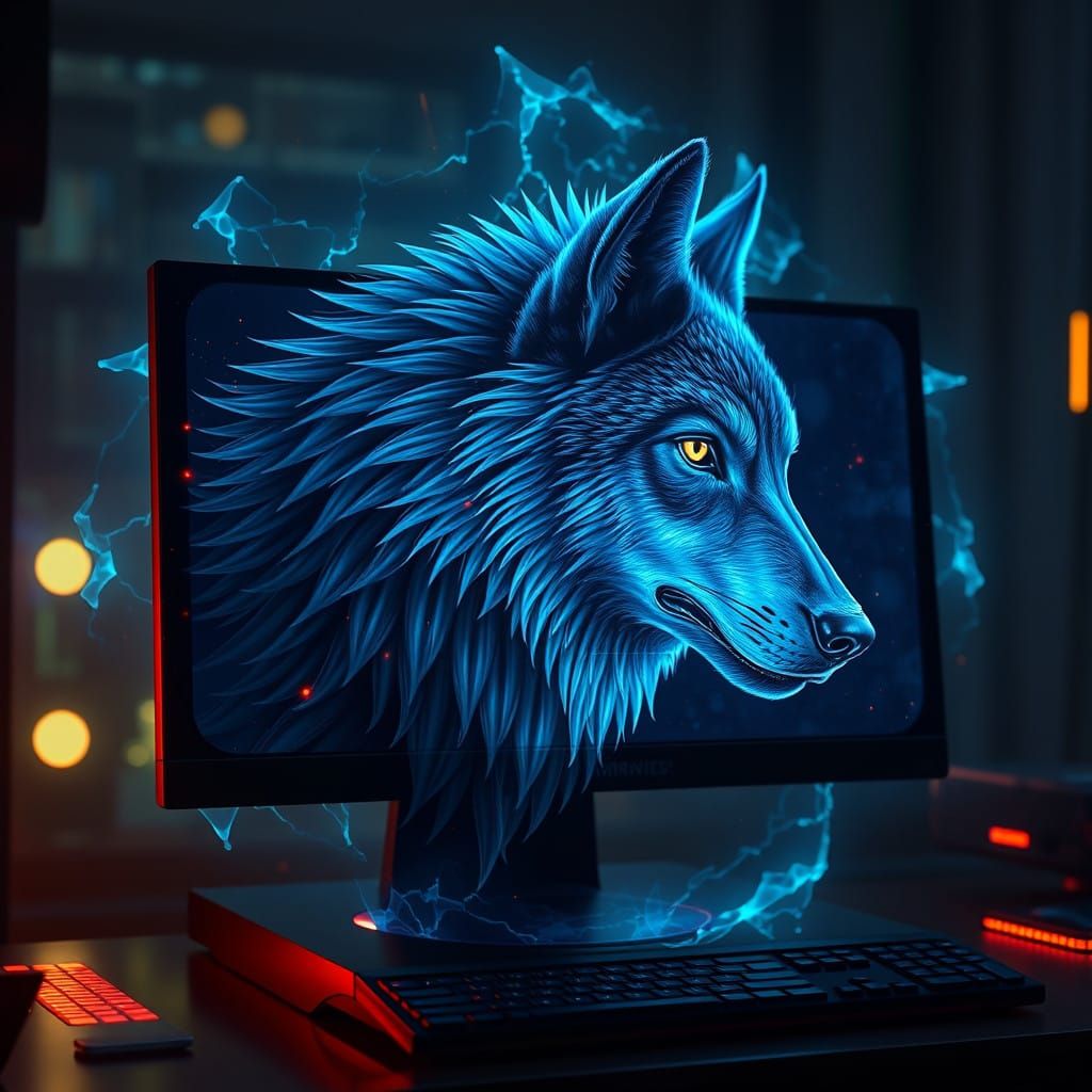 Surreal Holographic Wolf in Futuristic Computer Screenshot
