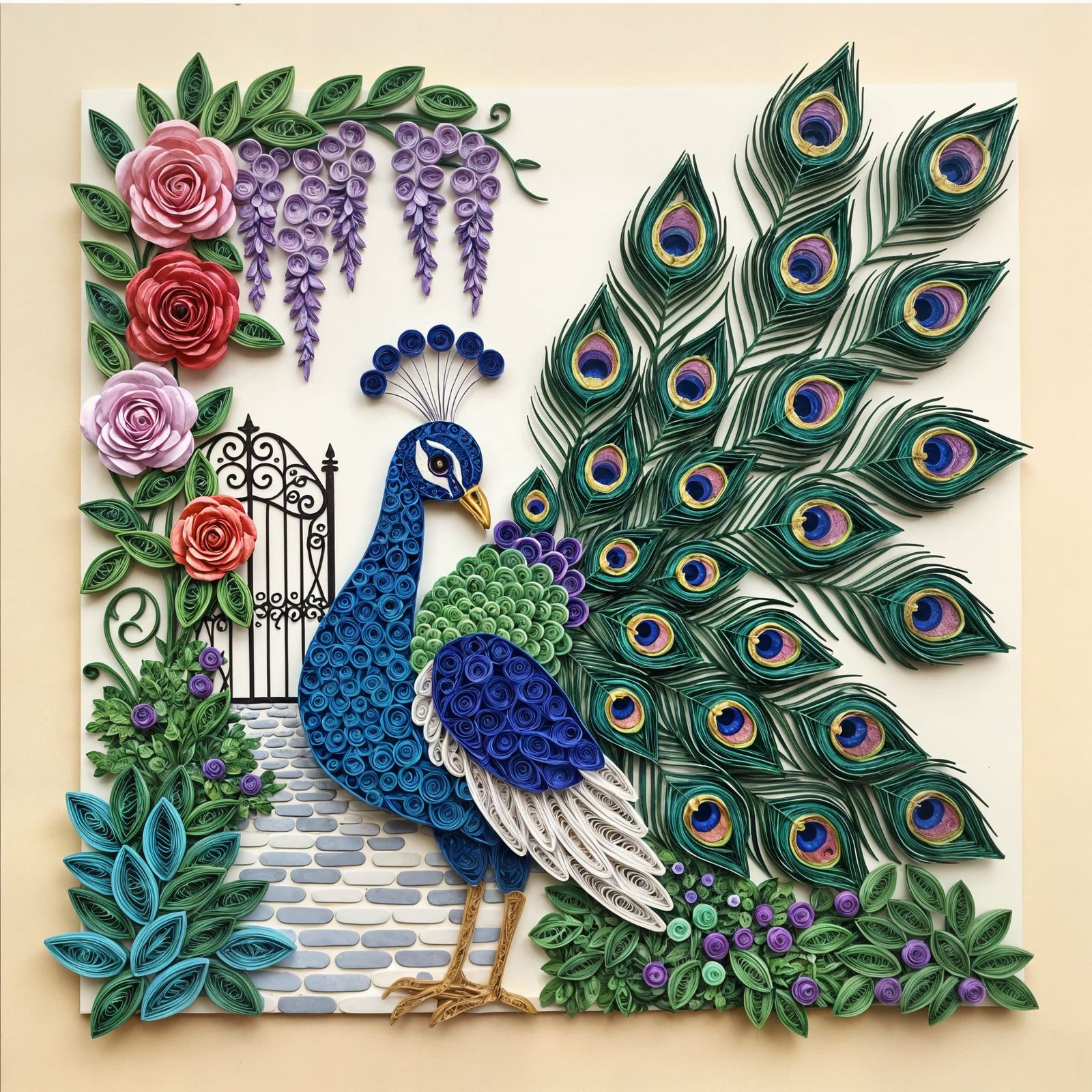 Intricate Paper Quilling Art: Majestic Peacock in Garden