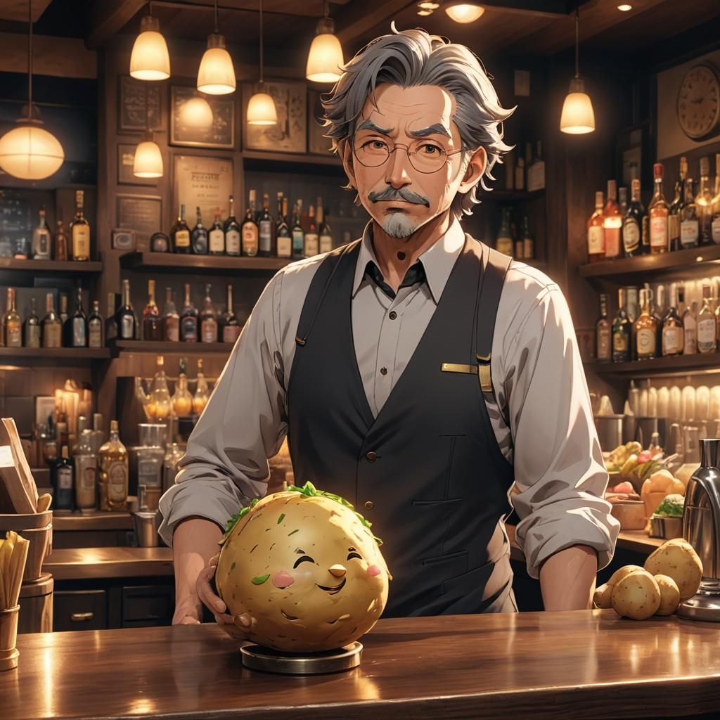 Anime 3D Art of a Bar Manager in Golden Light