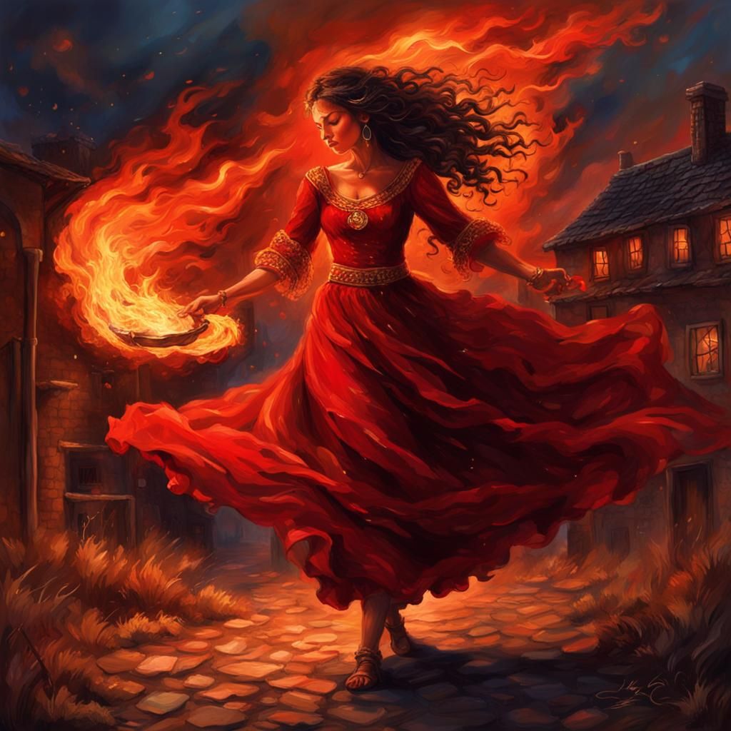 Gypsy Woman Dancing in Burning Town