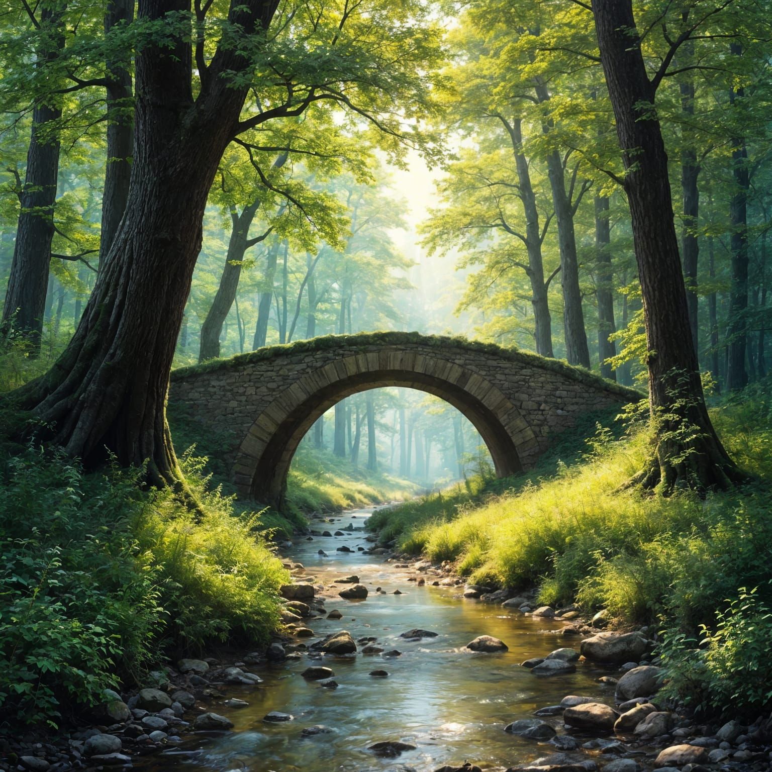 Autumnal European Forest with a Peaceful Stone Bridge