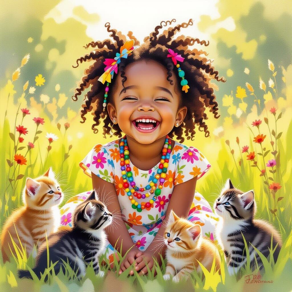 Girl with Kittens in Sun-Drenched Meadow: Watercolor Style